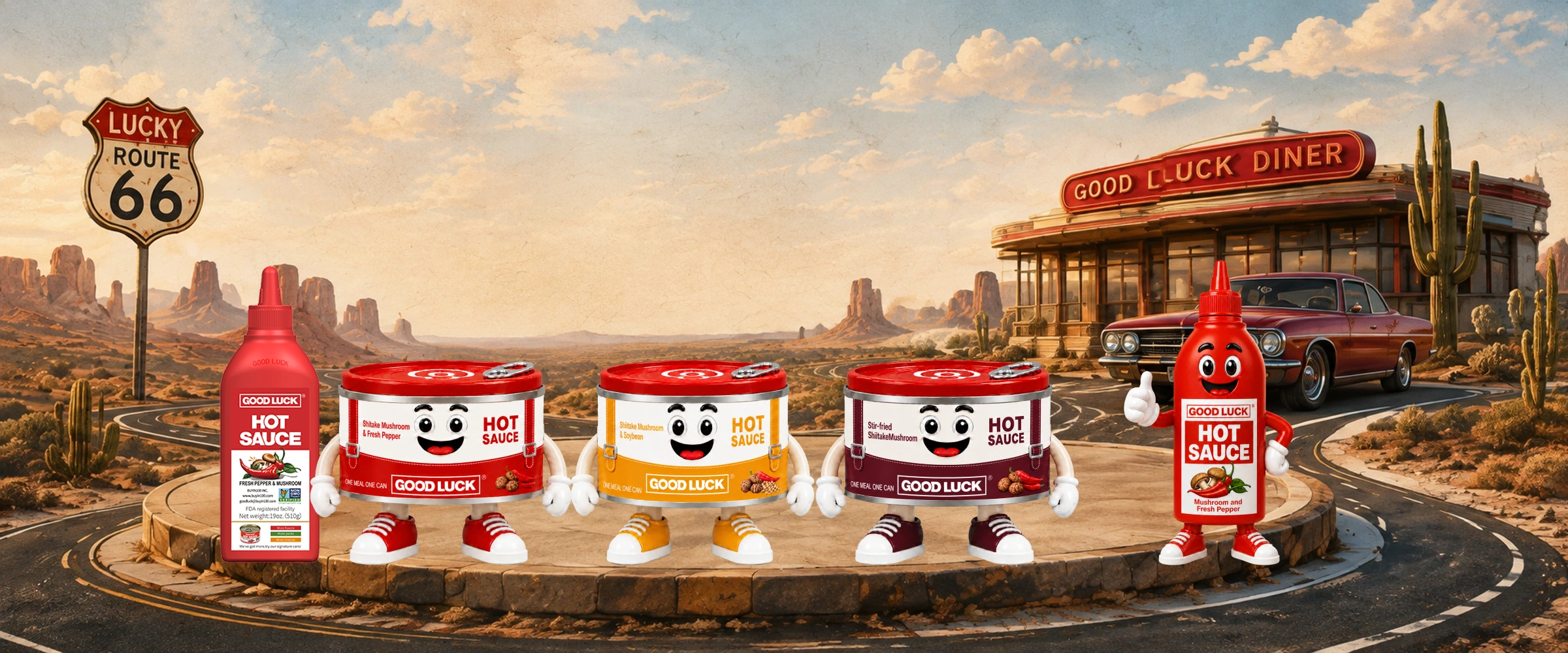 Big Red, Goldie, Uncle Umami and Squeezy together on a sandstone platform at the GOOD LUCK Diner on Route 66.